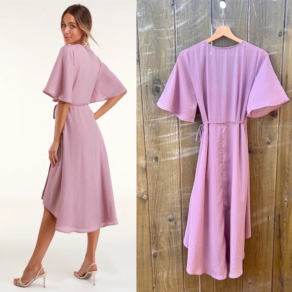 Mauve Pink "Polka Dot" Triangle Print Midi Wrap Dress 🌿 - Picture 3 of 13